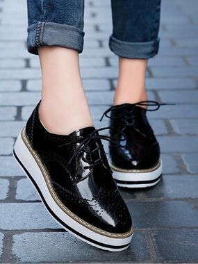 Women's Black Patent Platform Brogue Loafers